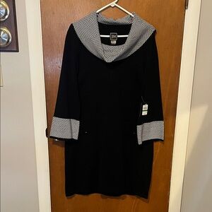 Black Dress with Striped Cowl Collar and Cuffs